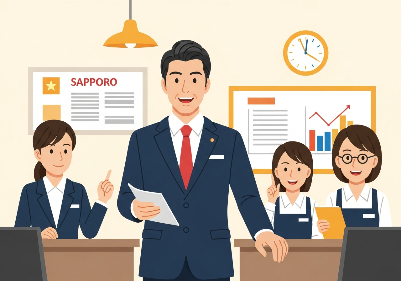 札幌の中小企業オフィスで笑顔の社長と社員