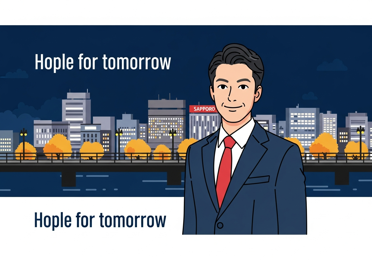 札幌の夜景を背景に、明日への希望を感じさせるイメージ