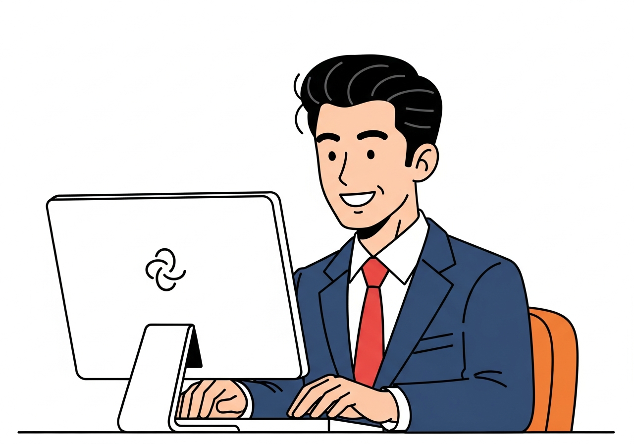 朝のデスクでChatworkを開く経営者のイメージ