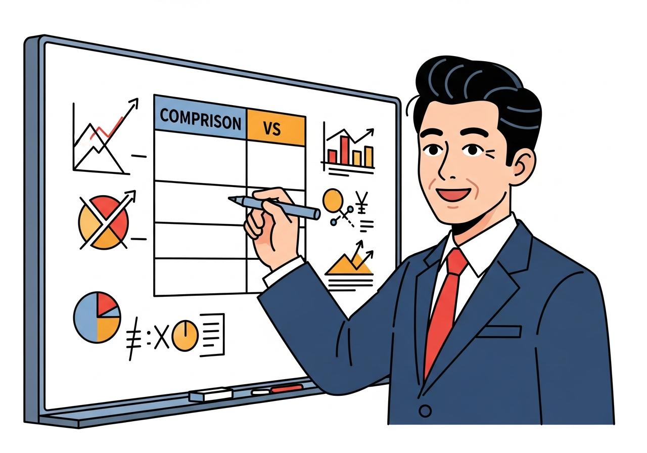 比較表をホワイトボードに書き出す様子