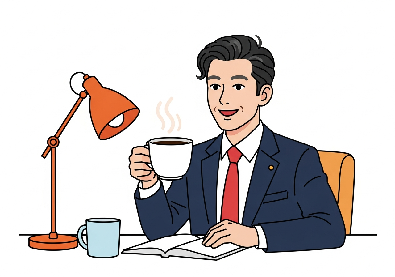 朝のすっきりしたデスクとコーヒー