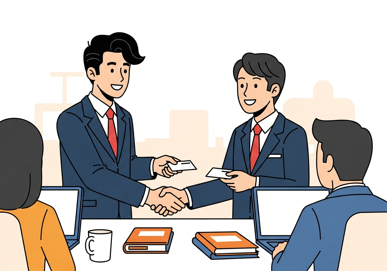 朝の勉強会で名刺交換をする経営者たち