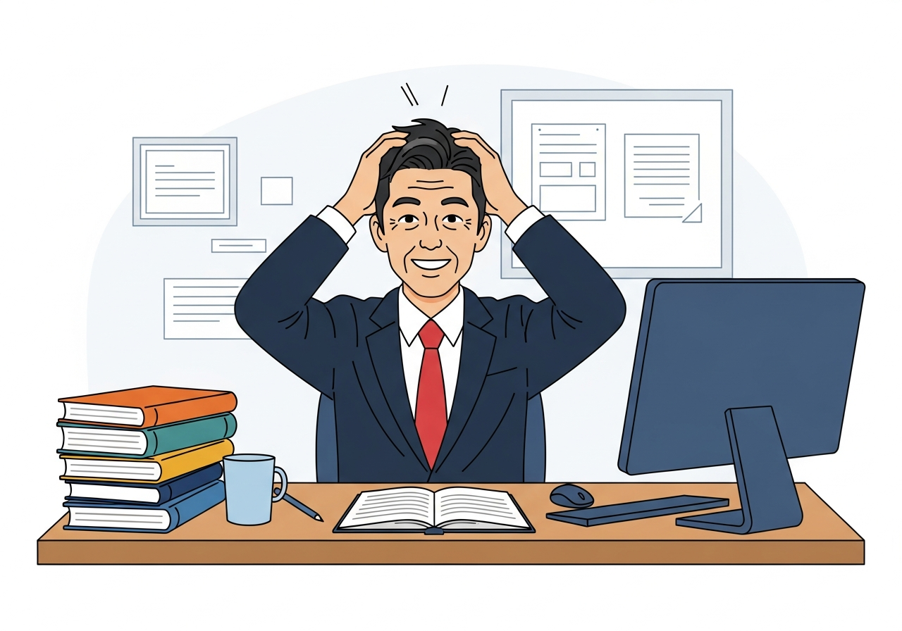 散らかった机と頭を抱える中年男性のシルエット