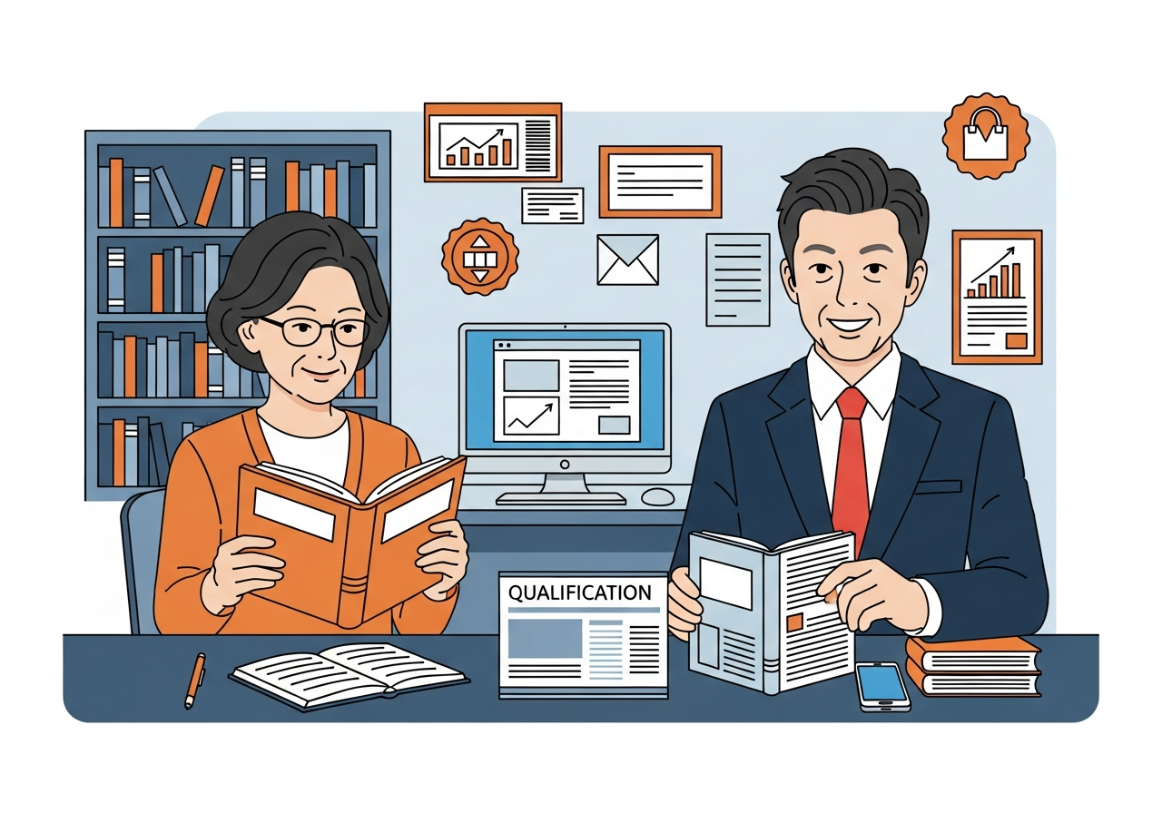 図書館で資格の本を読む50代女性