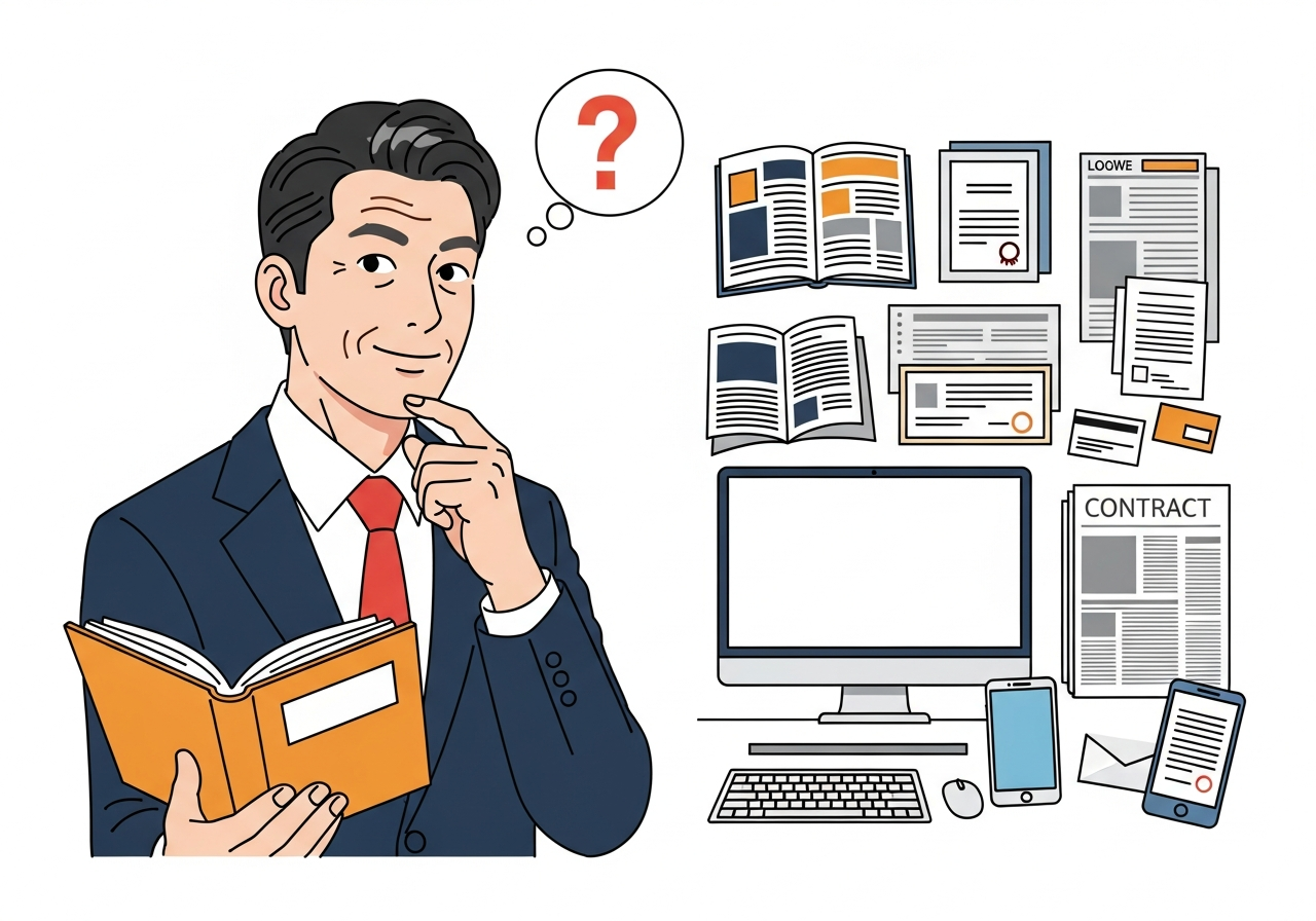 クエスチョンマークと考える男性のイラスト
