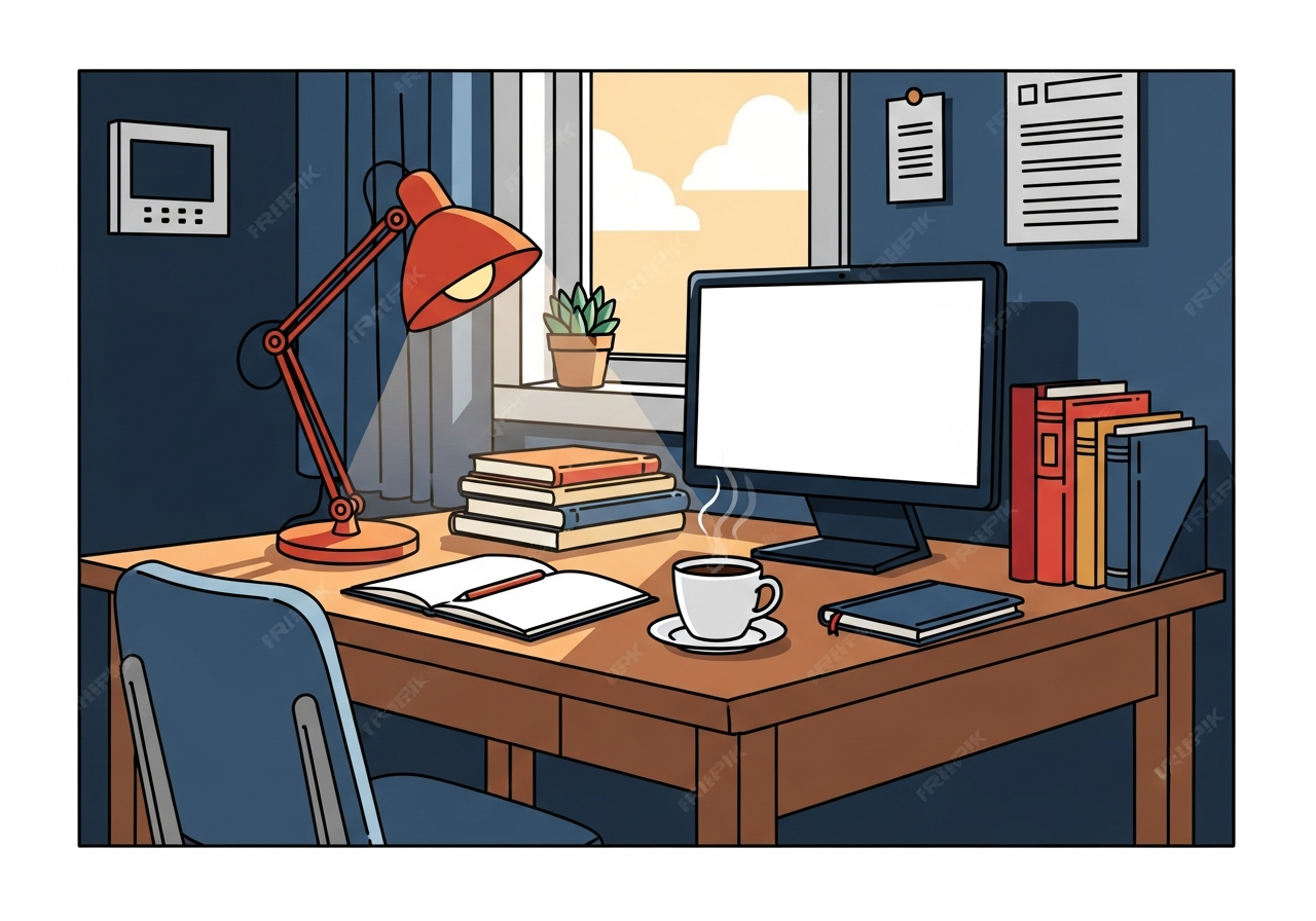 body image 1 – a quiet wooden desk in early morning lig