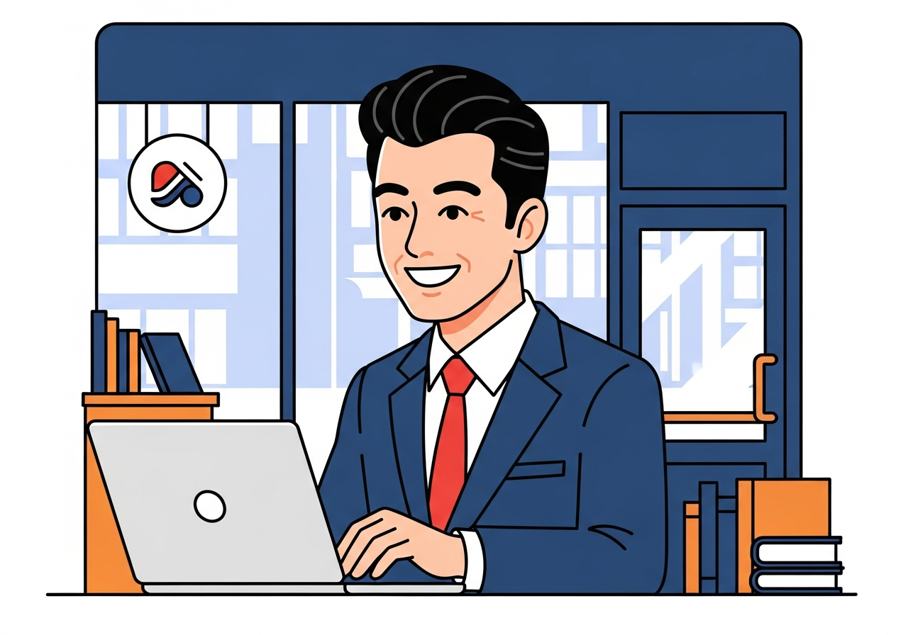 ひとり社長が笑顔でPCを開いている札幌のカフェのイメージ