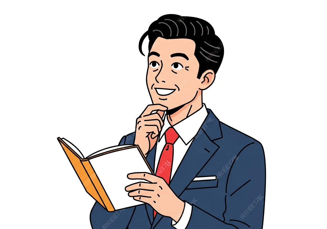 40代男性が手帳を広げながら思案している様子