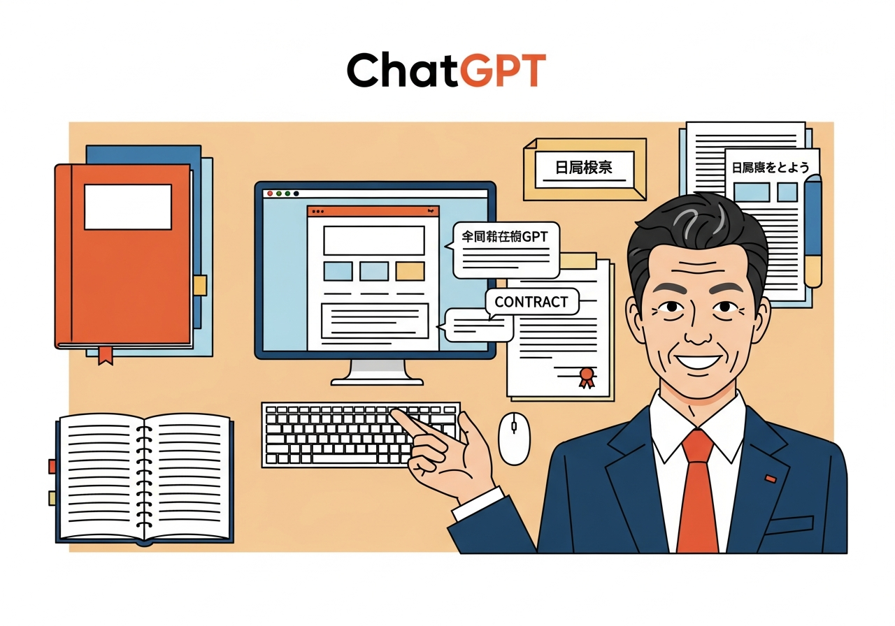 ChatGPTの画面と手書きメモが並んでいるデスクのイメージ