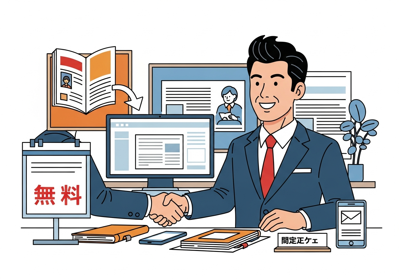 無料コンテンツやノウハウを渡している握手のイメージ