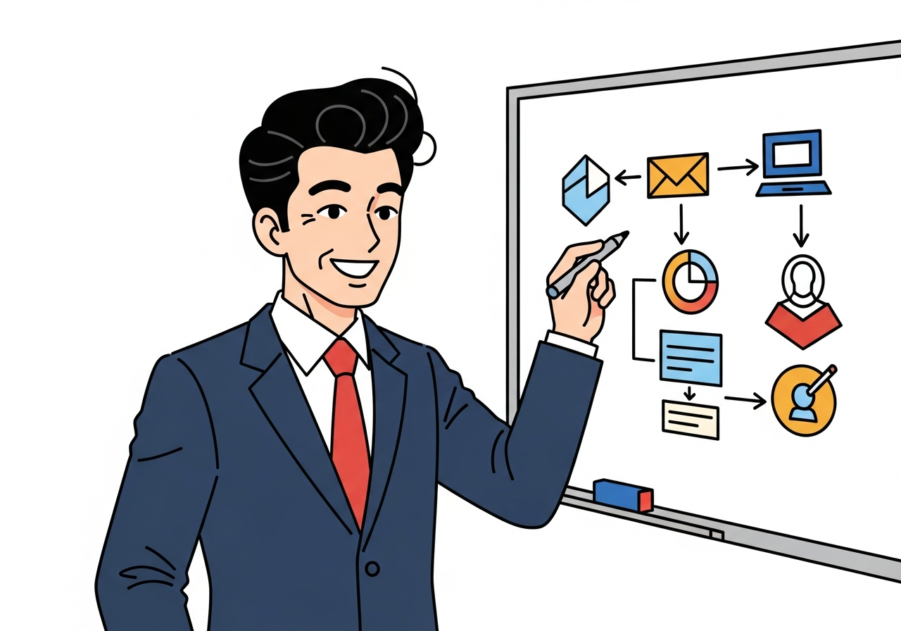 ホワイトボードに営業フロー図を描いている様子