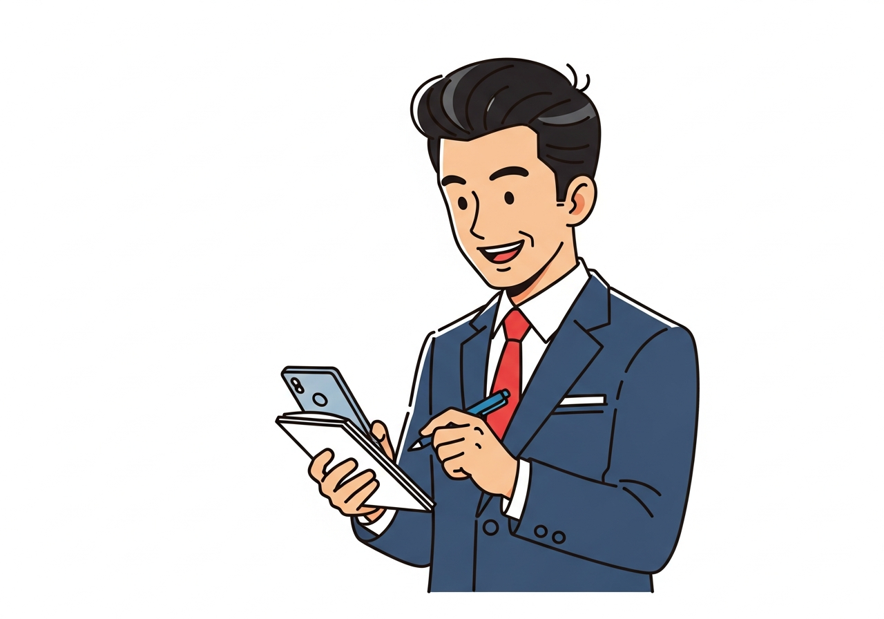 スマートフォンでChatGPTを使いながらメモを取っている経営者のイメージ