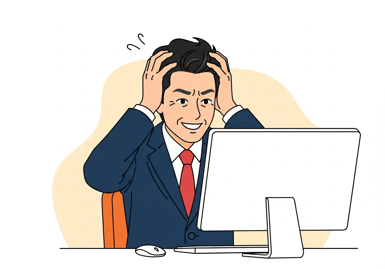 パソコン画面の前で頭を抱えている人のイメージ