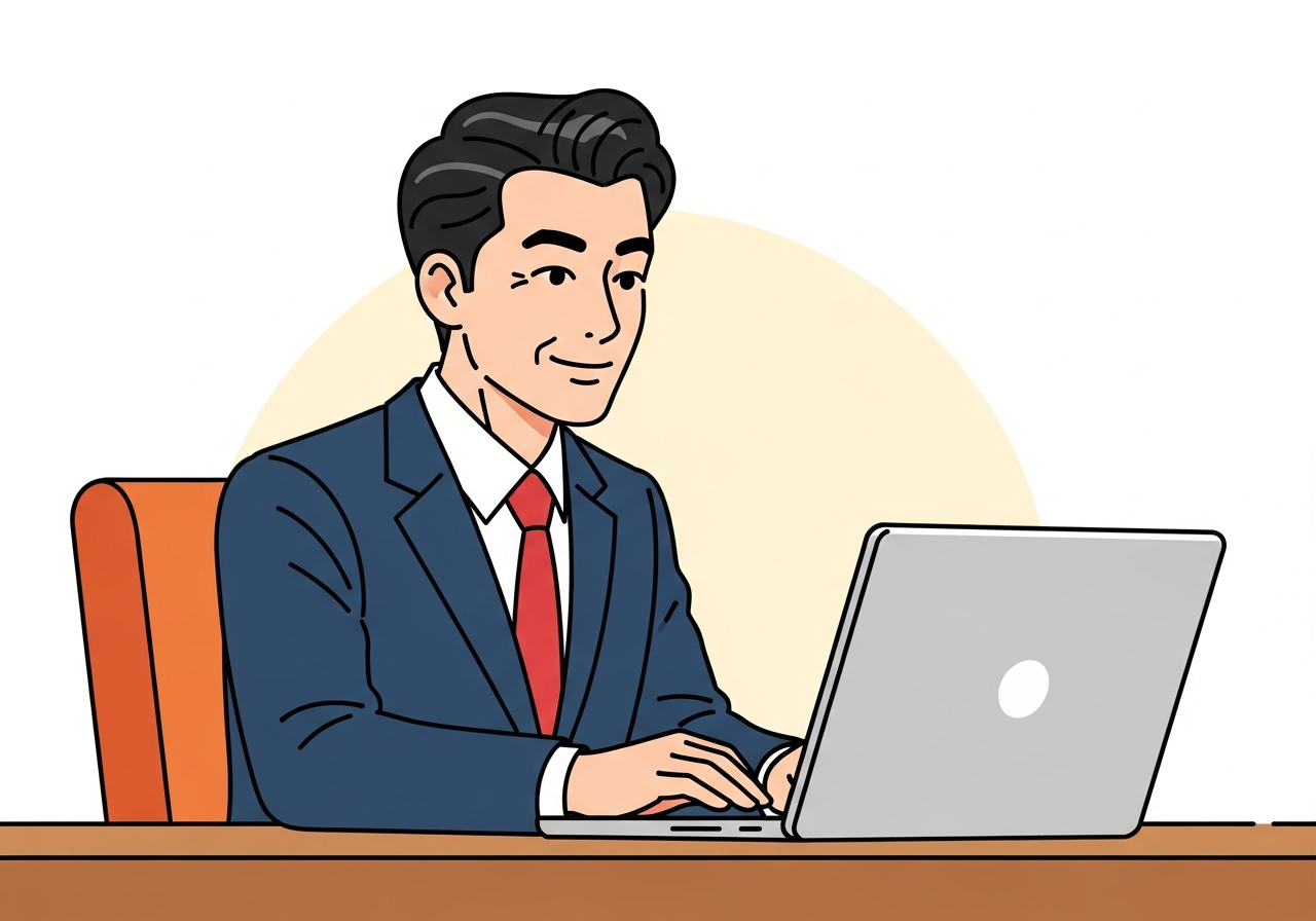a person sitting at a wooden desk in morning light, looking at a laptop with a calm expression