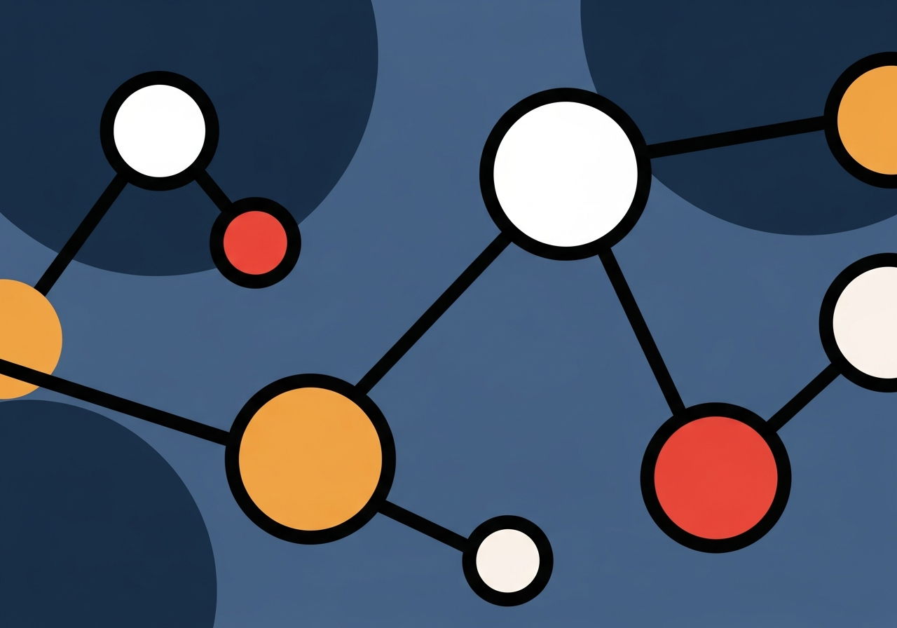 abstract circles and network nodes on a dark blue background, no text