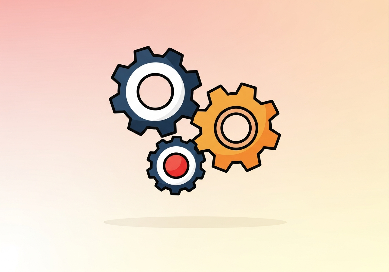 three interconnected gears floating over a soft gradient background, no text or labels
