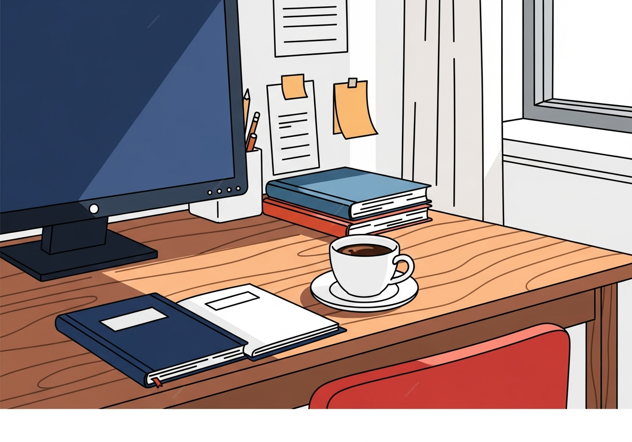a wooden desk with a cup of coffee and soft morning light, calm atmosphere, no text