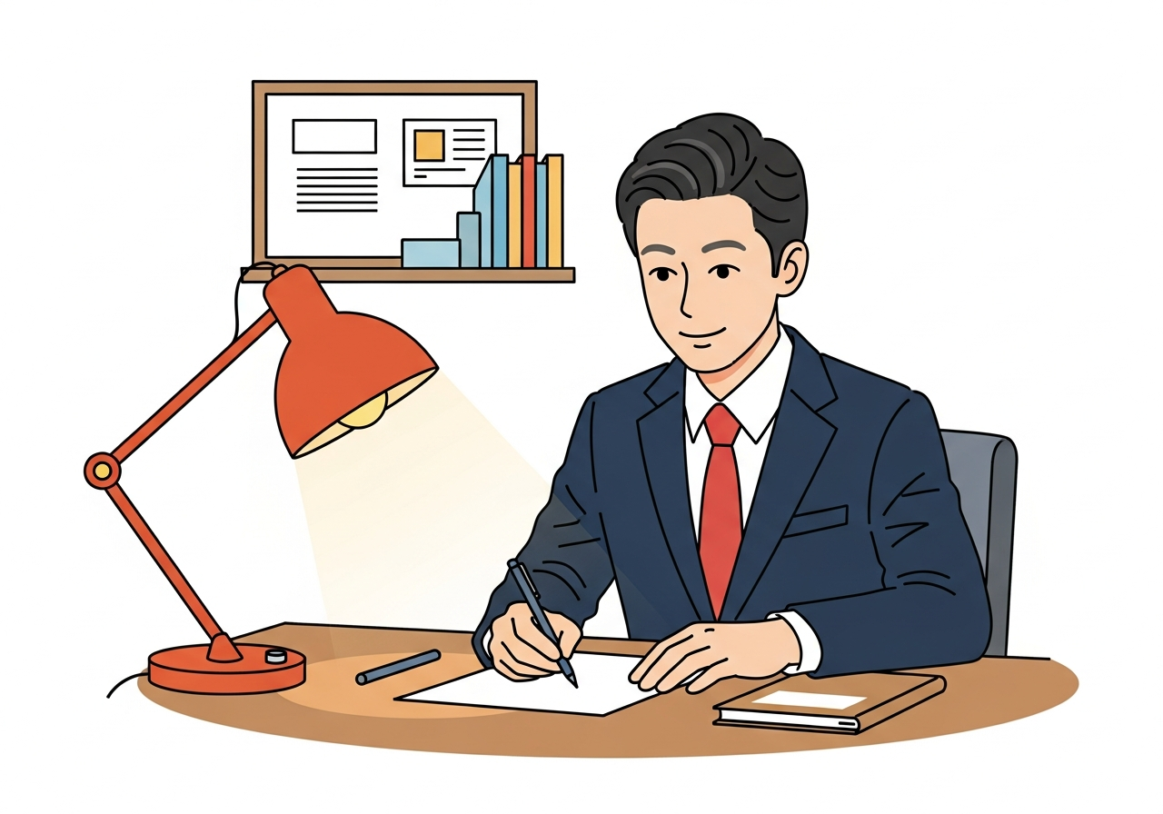a person writing at a wooden desk, hands visible, warm lamp light, no text on paper