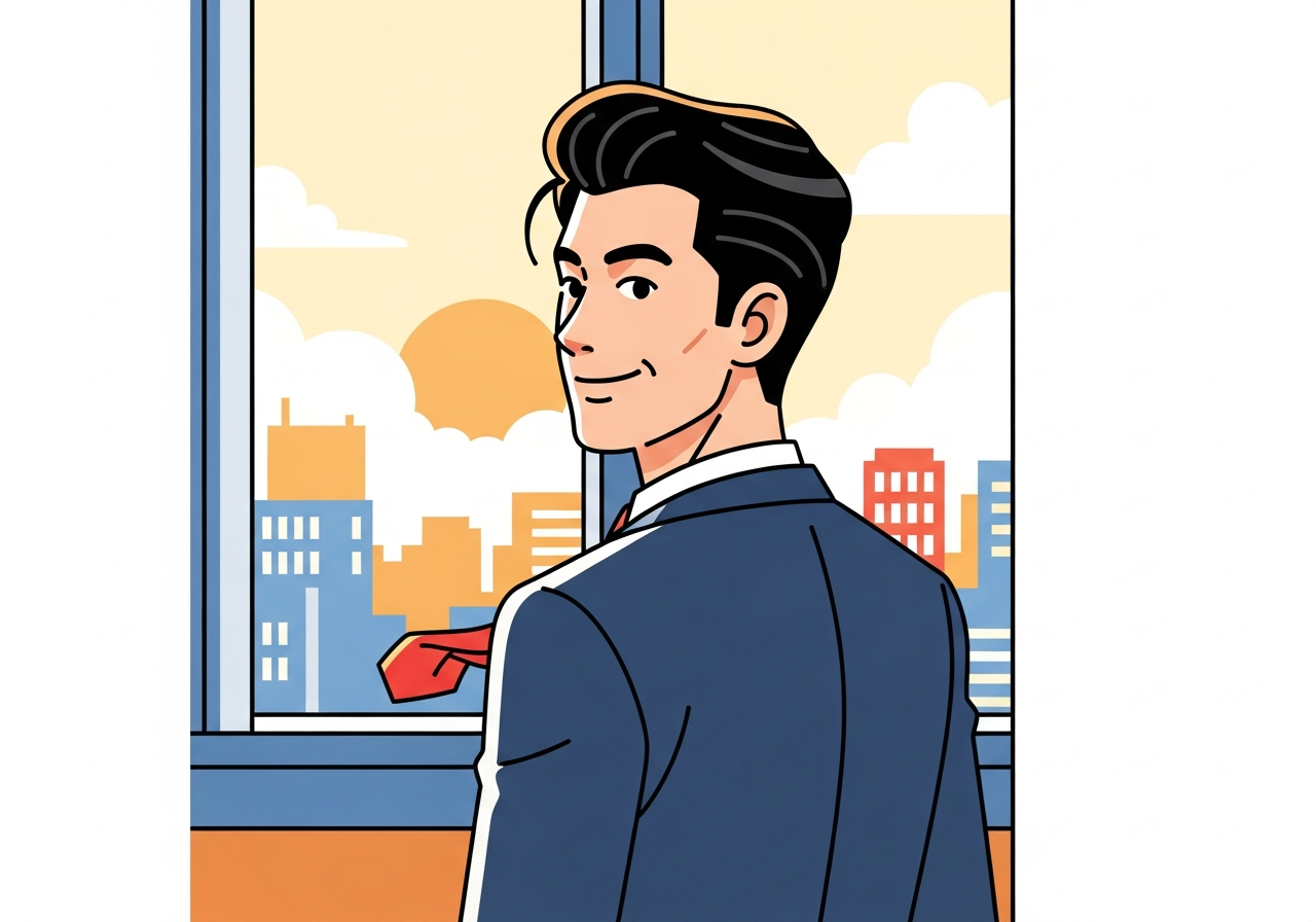 a person standing in front of a window at dawn, looking out at the city, back view, hopeful mood
