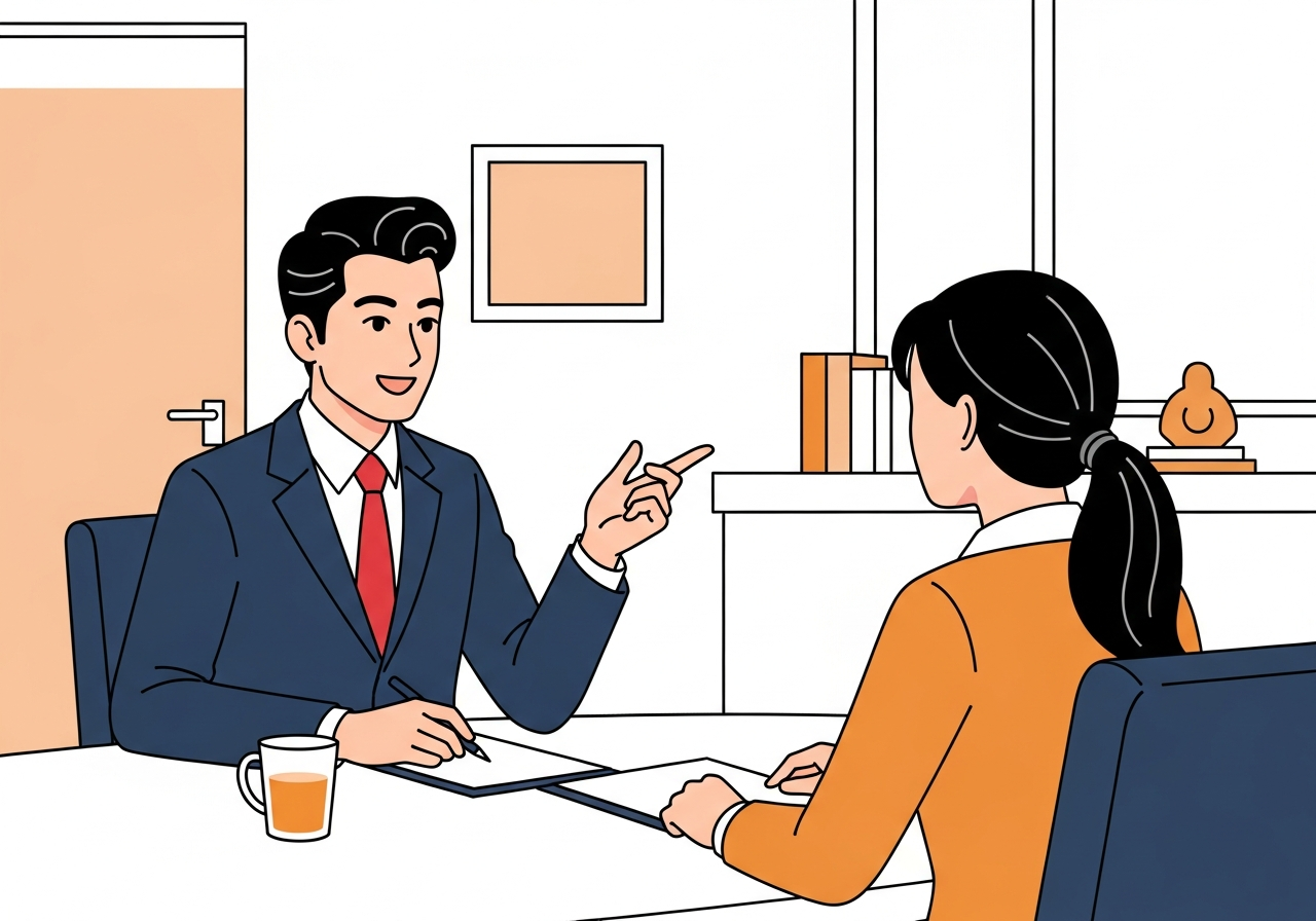 a warm meeting room with two people having a conversation, soft light, no visible text or screens