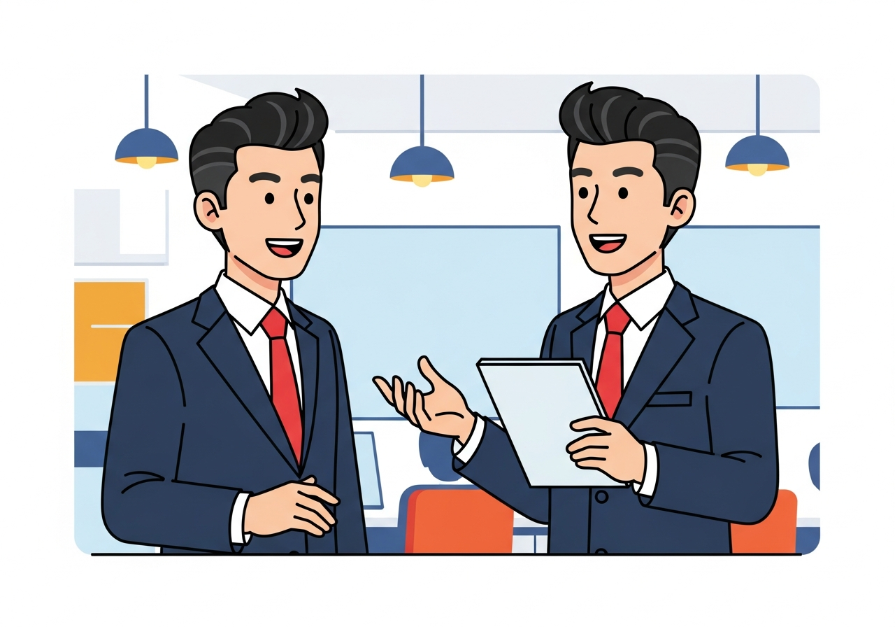 two people in a bright open office having a friendly discussion, no visible text or whiteboards