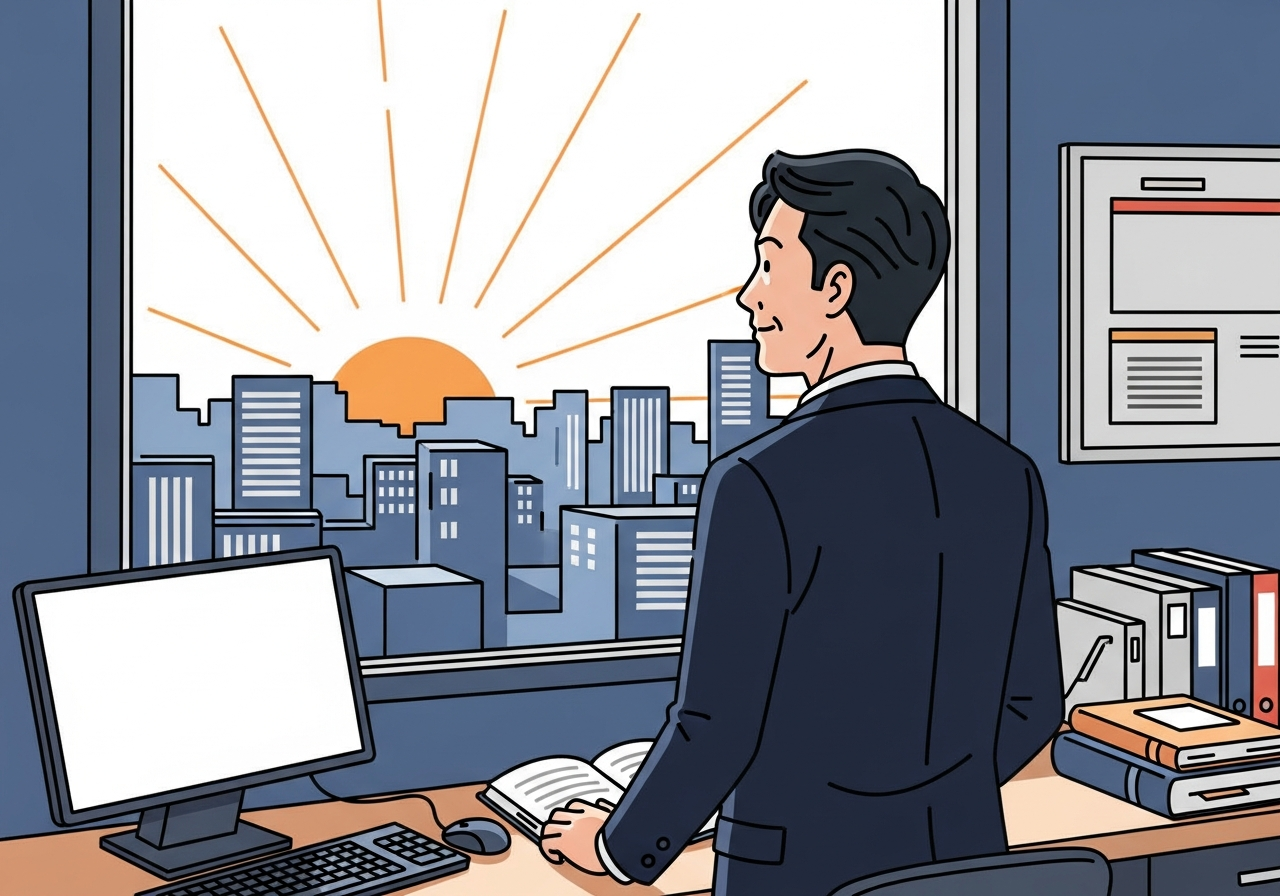a person looking at a sunrise over a city skyline from a window, calm and optimistic, back view