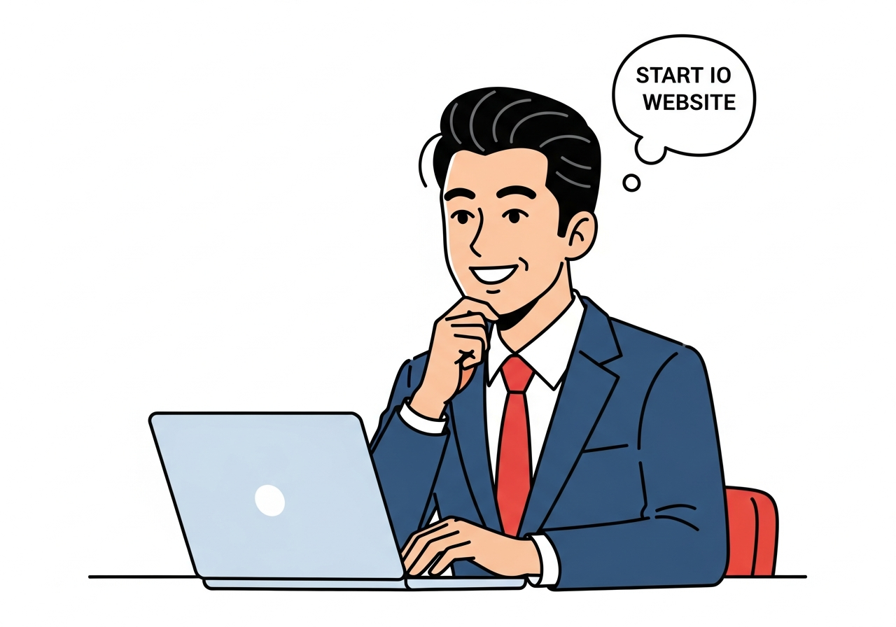 a calm Japanese businessman in his 50s sitting at a cafe with a laptop, thinking about starting a website, flat vector illustration