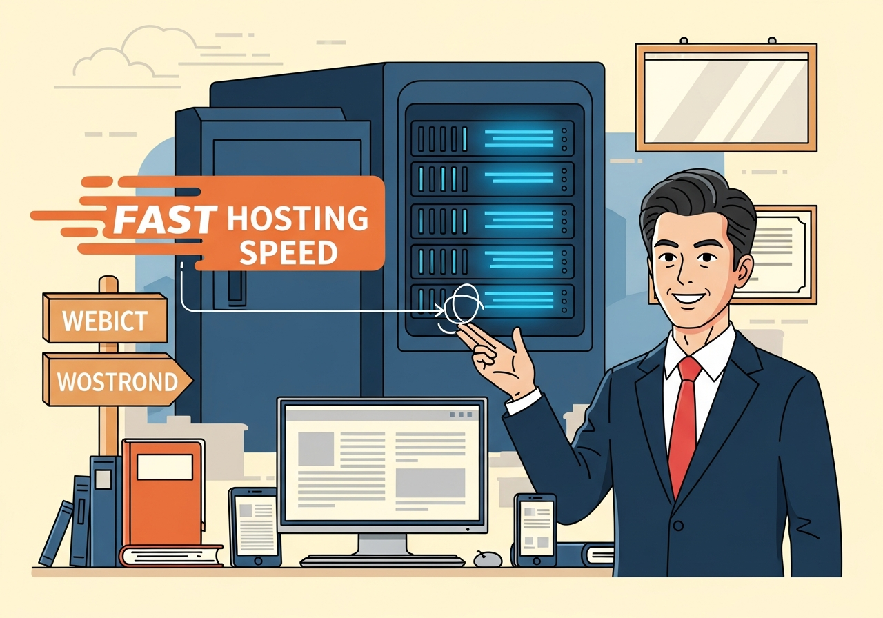 a fast server room with glowing blue lights, conceptual image of website hosting speed, flat vector illustration