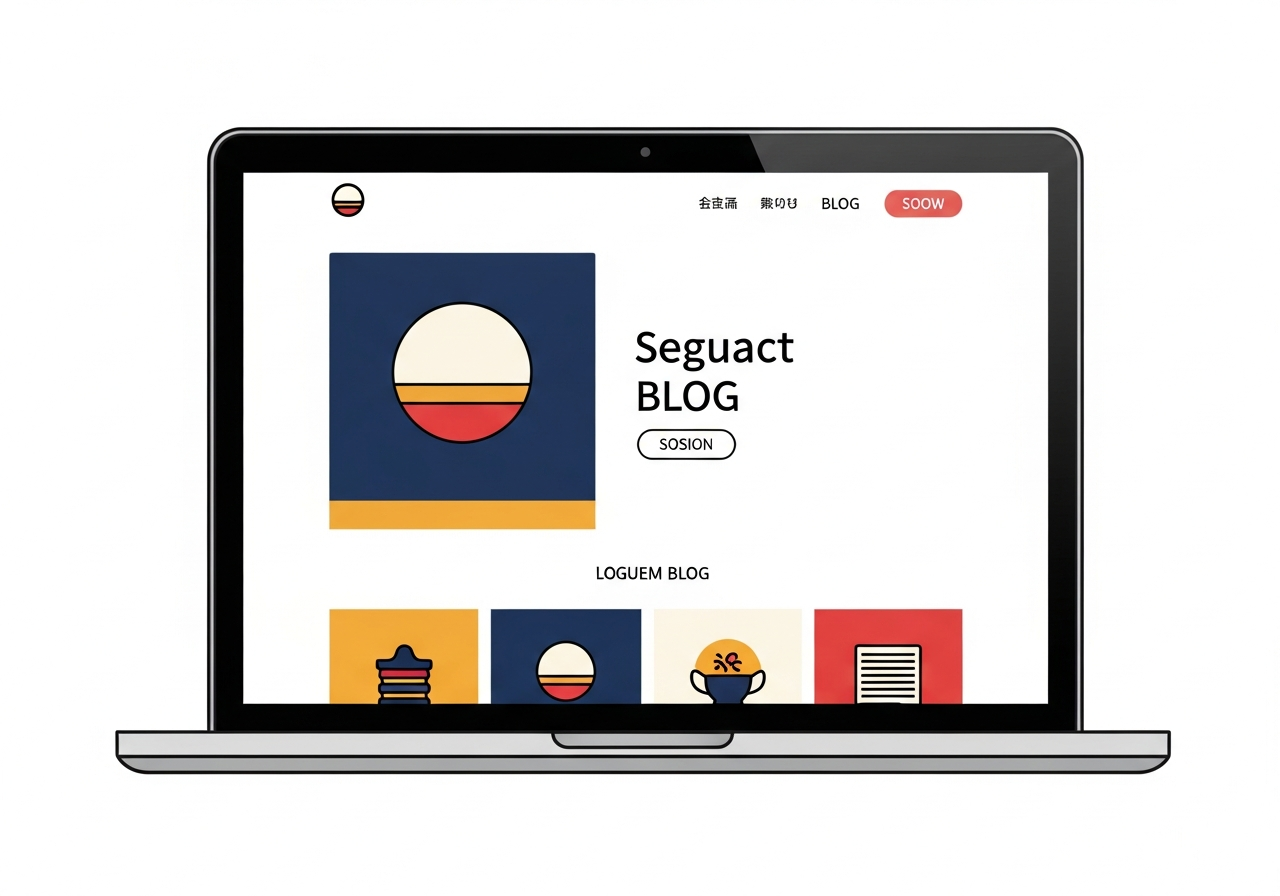 a clean modern website design on a laptop screen, elegant Japanese blog layout, flat vector illustration
