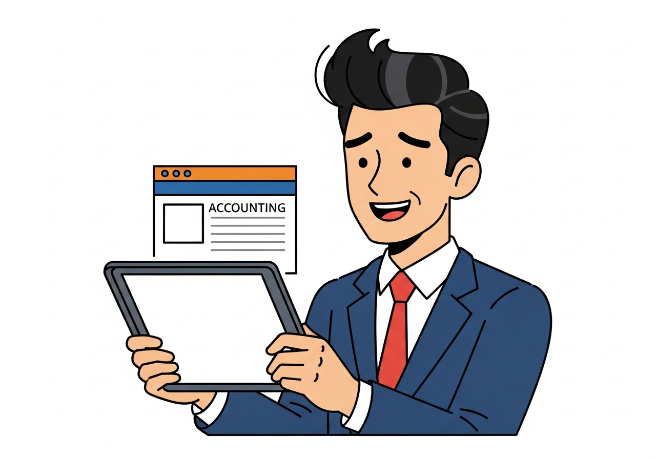 a relieved Japanese small business owner looking at simple accounting software on a tablet, flat vector illustration