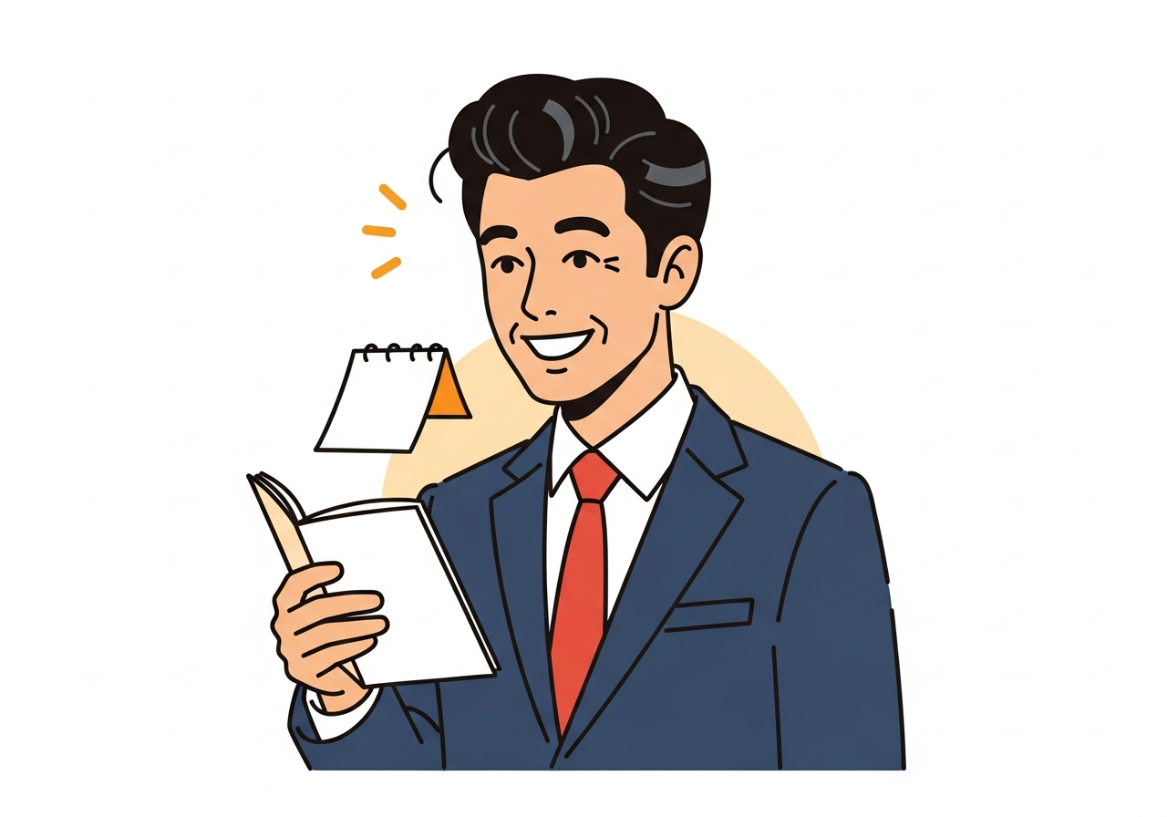 a Japanese businessman in his 50s reflecting with notes, learning from mistakes, warm flat vector illustration