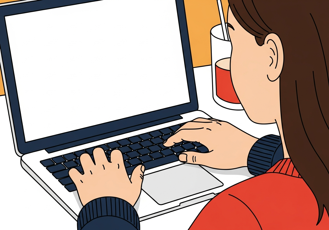 hands typing the first blog article on a laptop, warm and hopeful atmosphere, flat vector illustration