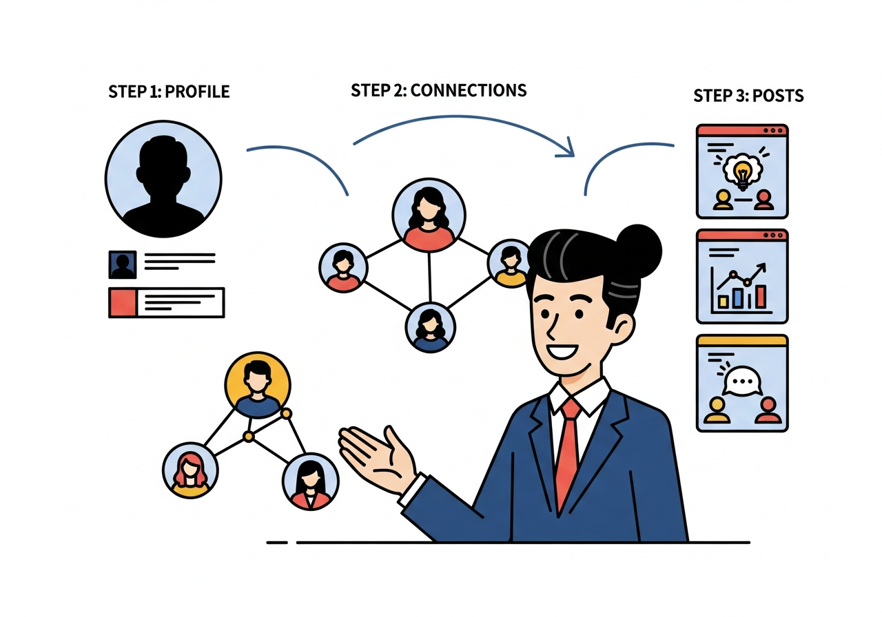 LinkedIn集客3ステップの全体俯瞰図・ステップ1プロフィール、ステップ2つながり、ステップ3投稿の流れ