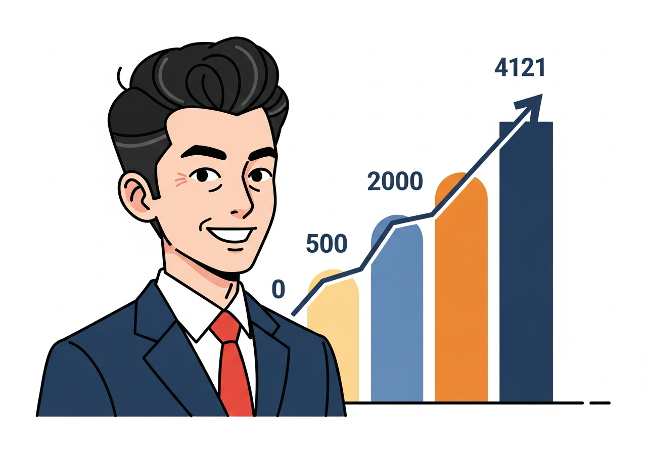 LinkedInのつながり数グラフ・0→500→2000→4121の成長イメージ