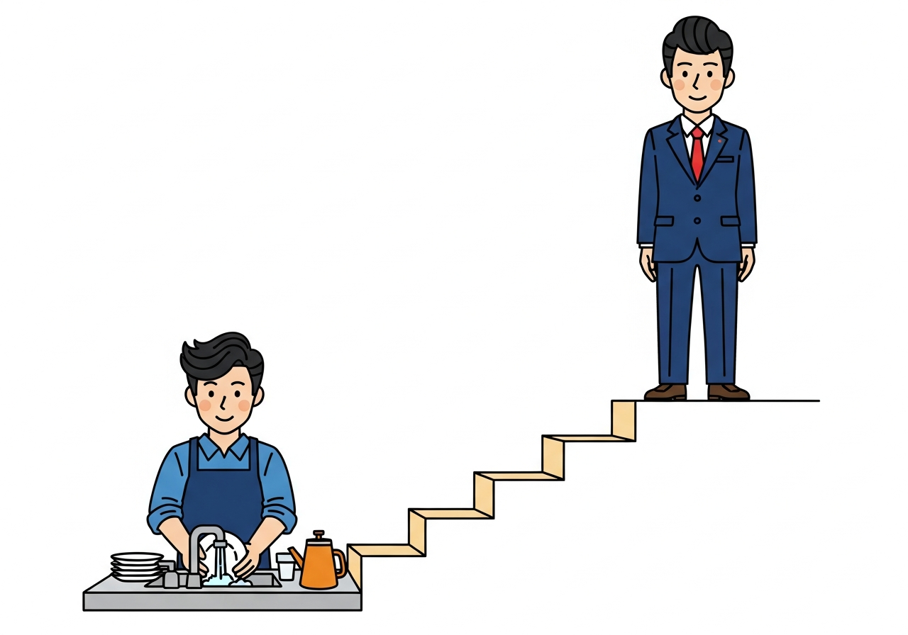 皿洗いから一段ずつ上り、経営者に戻るまで