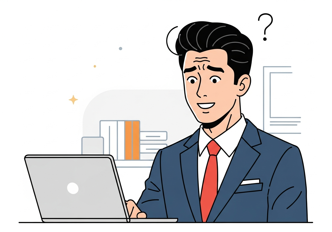 a person staring at a laptop screen with a puzzled expression, minimal background
