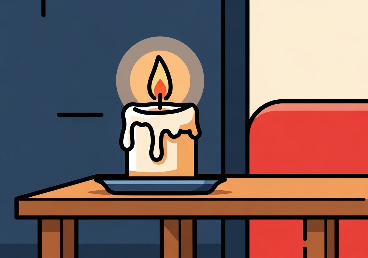 a single candle burning on a wooden table in a quiet room