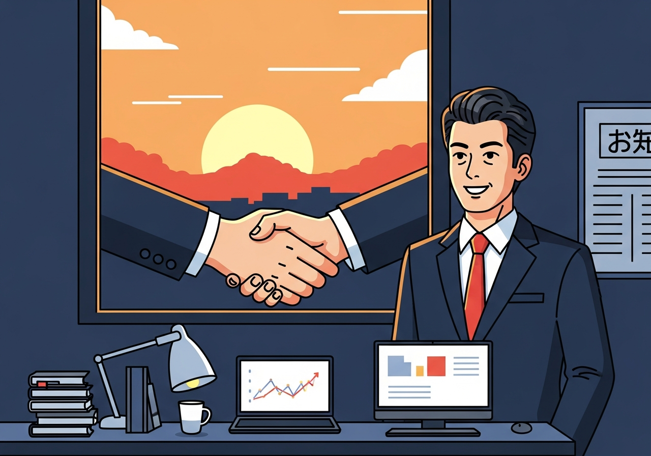 a warm handshake silhouette at sunset, abstract and clean
