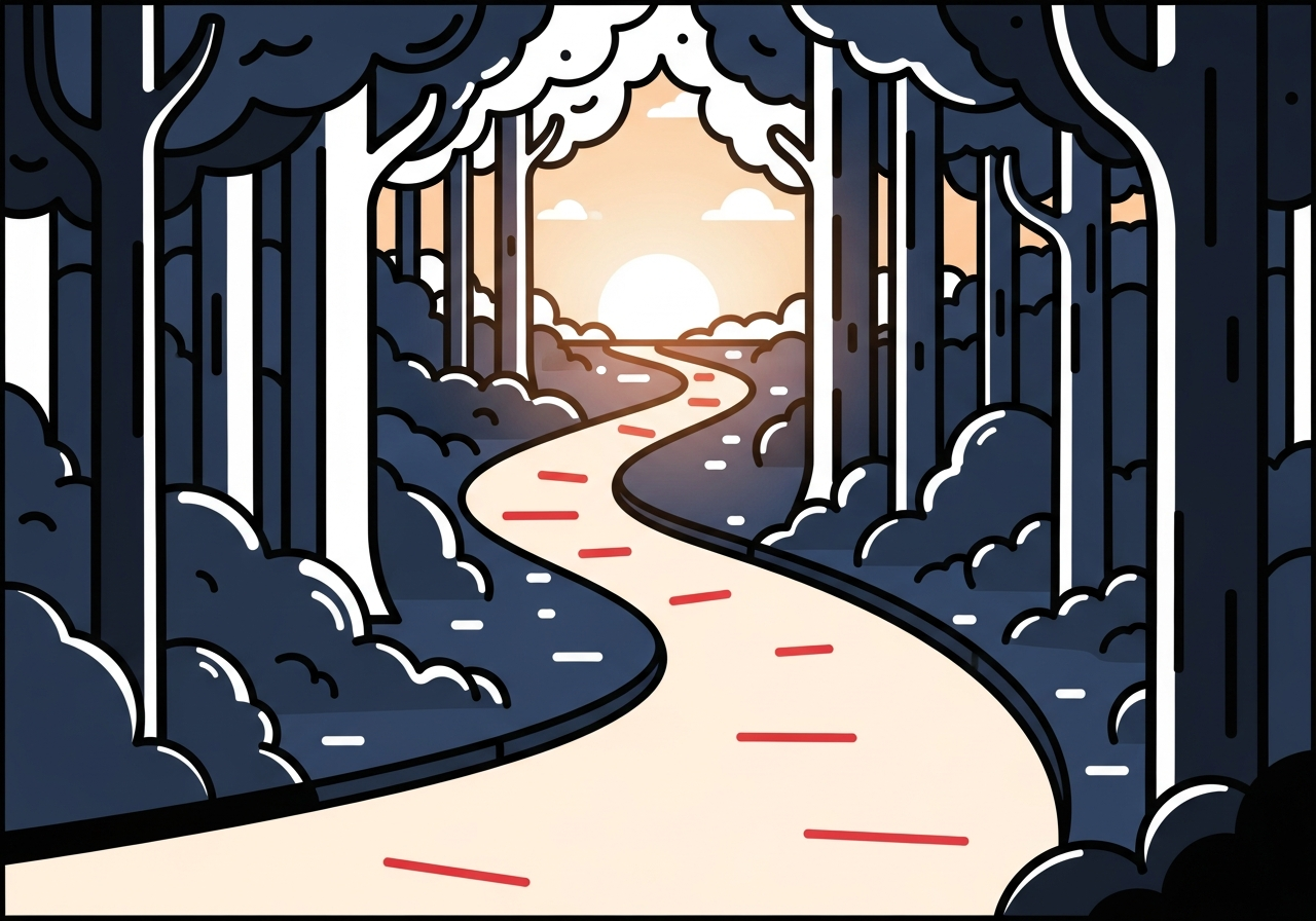 a pathway through a forest with soft light ahead, symbolic and calm