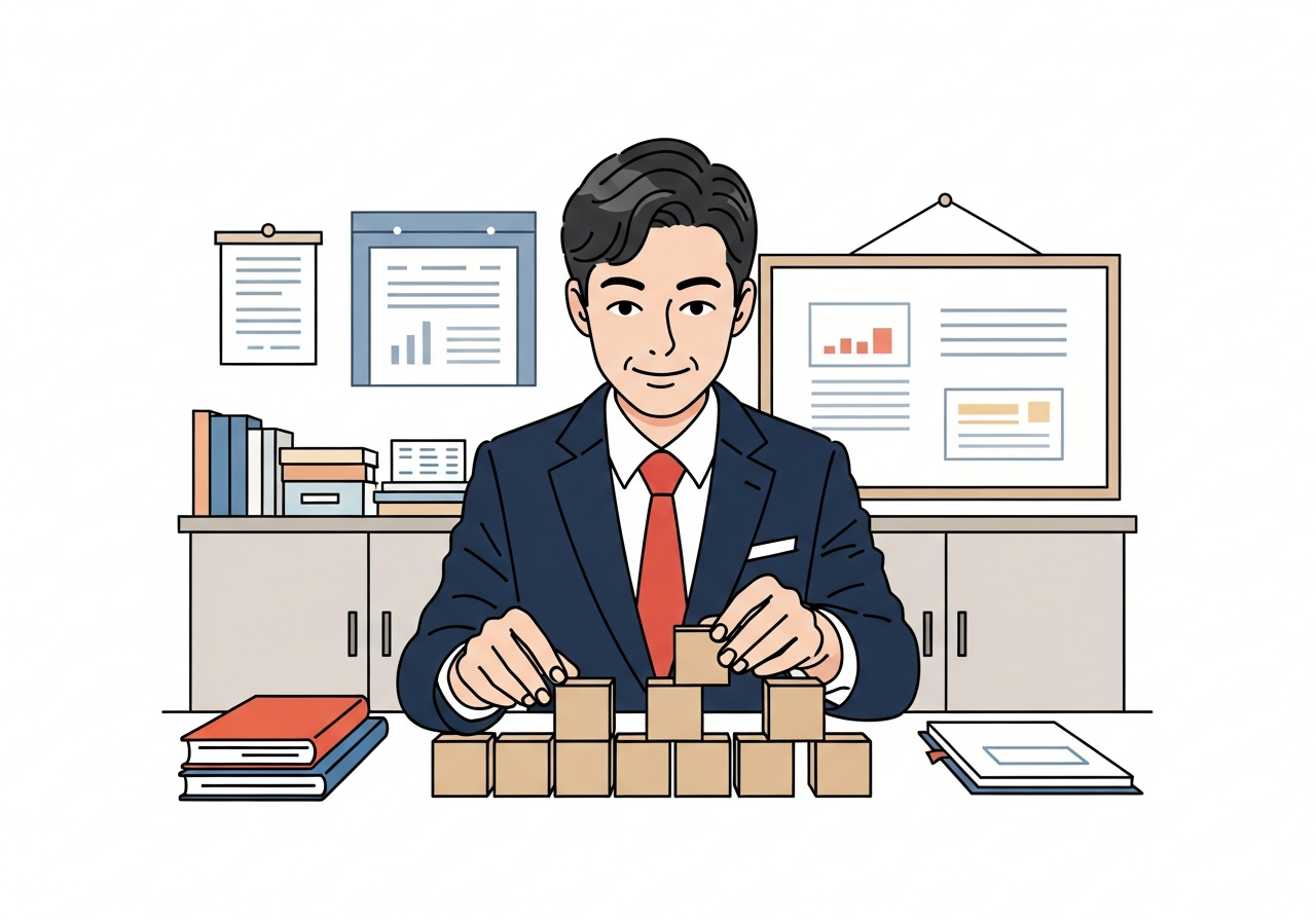 a person arranging simple wooden blocks on a desk in natural light