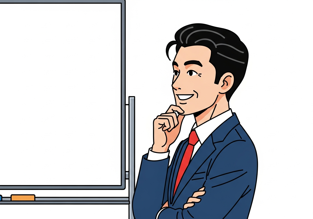 a person pausing thoughtfully in front of a whiteboard, side view