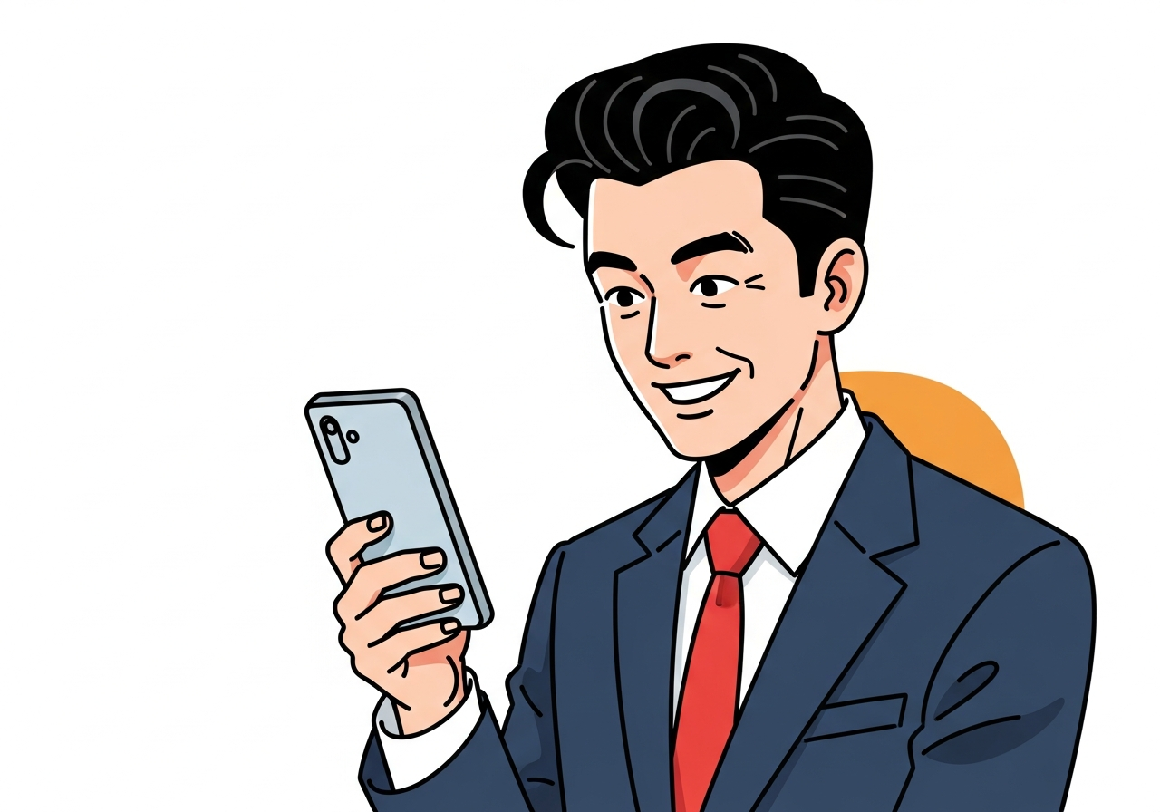 a person smiling while looking at a phone, soft indoor light, no screen content visible