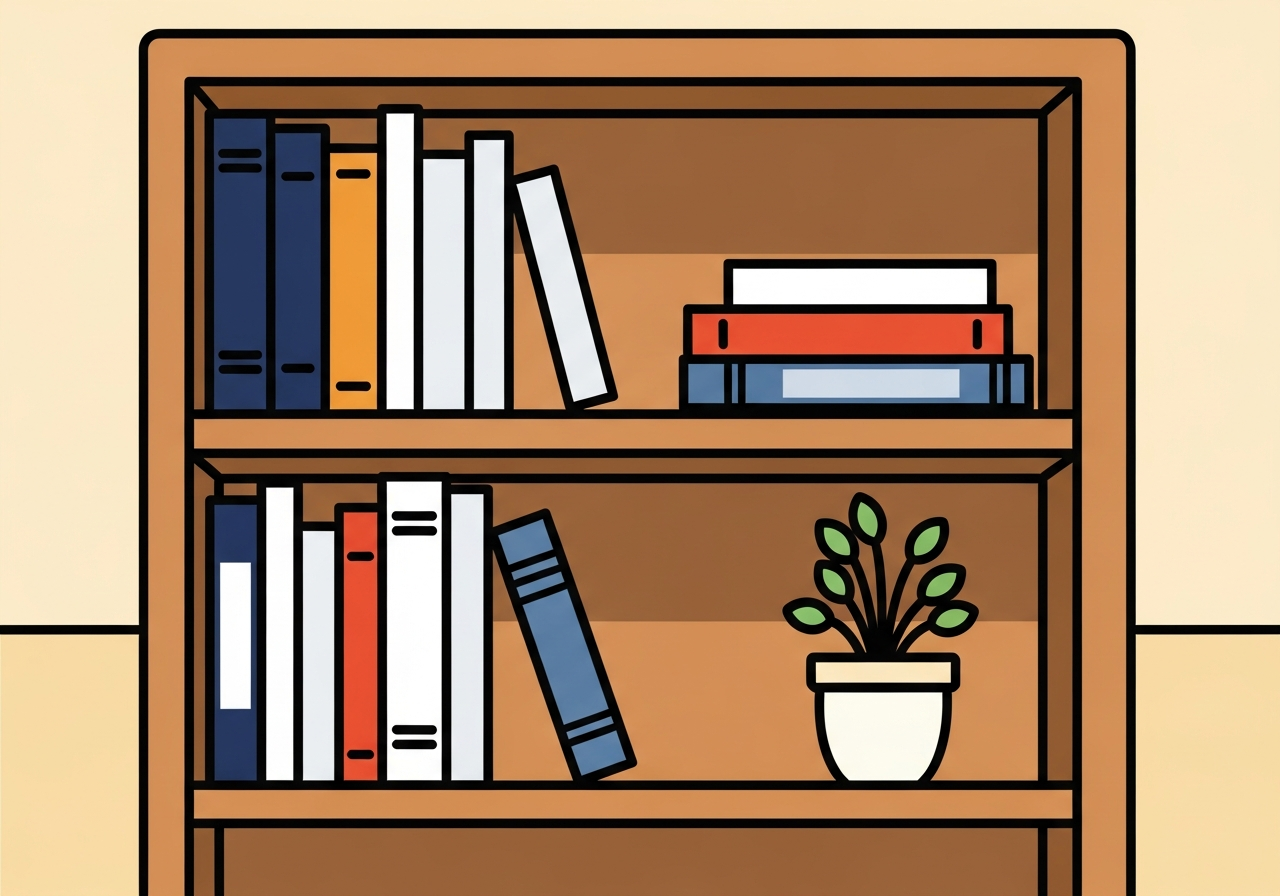 a tidy wooden bookshelf with a few books and a small plant, warm light