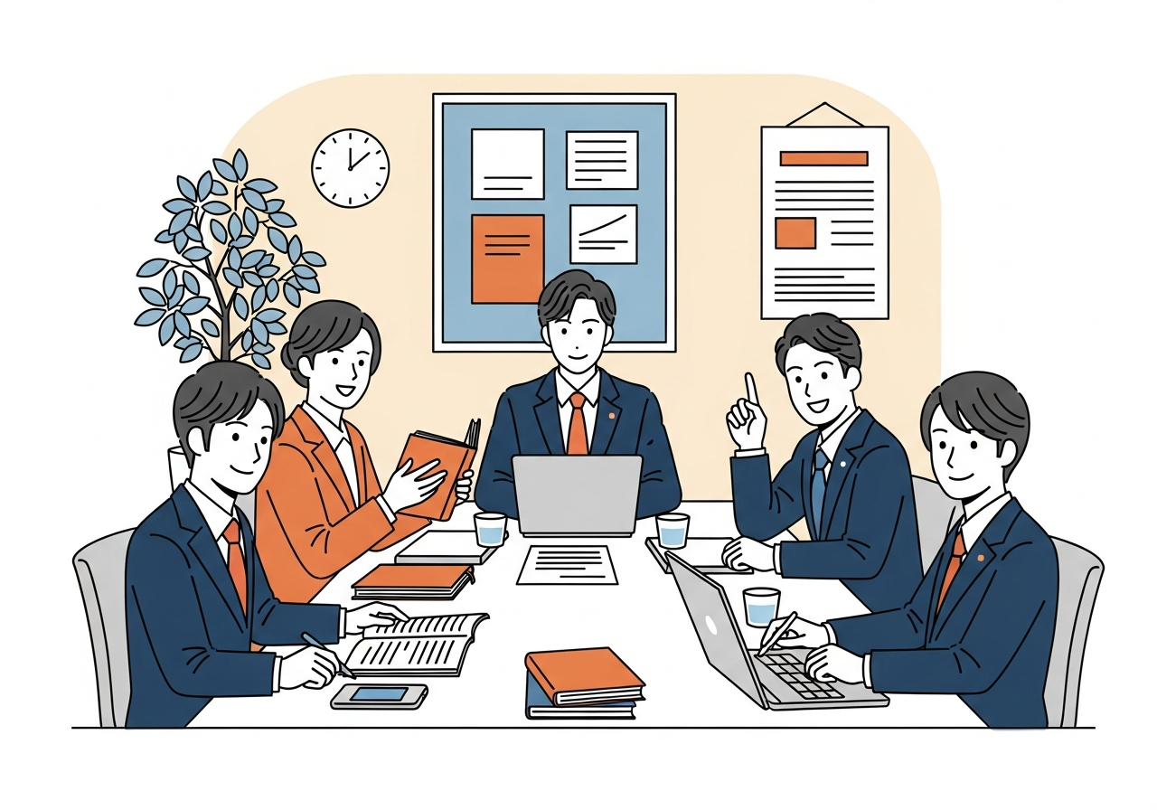 a group of people gathered around a table in a bright meeting room, collaborative atmosphere