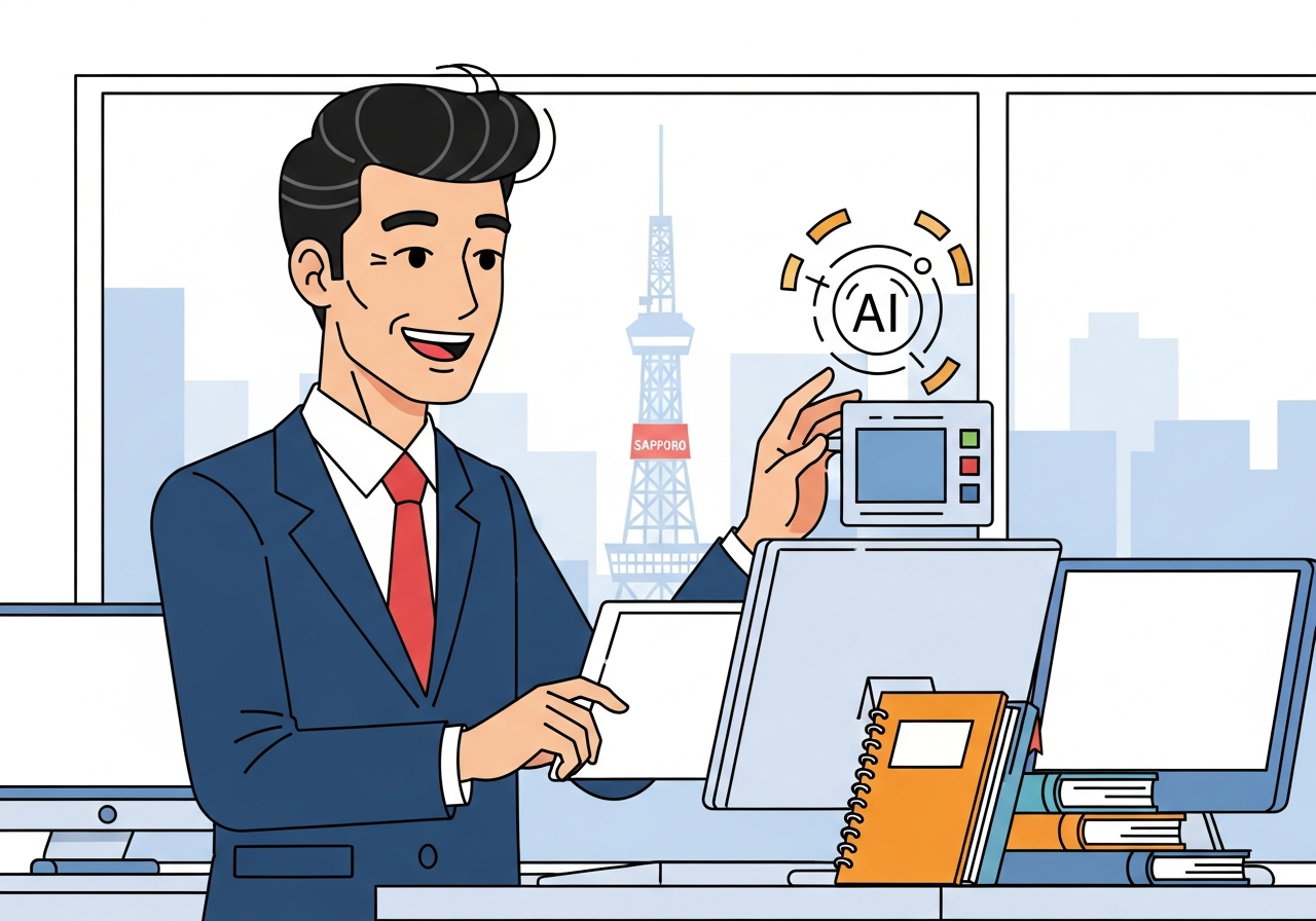 月曜日にAI設定をする経営者のイメージ・札幌のオフィス風景