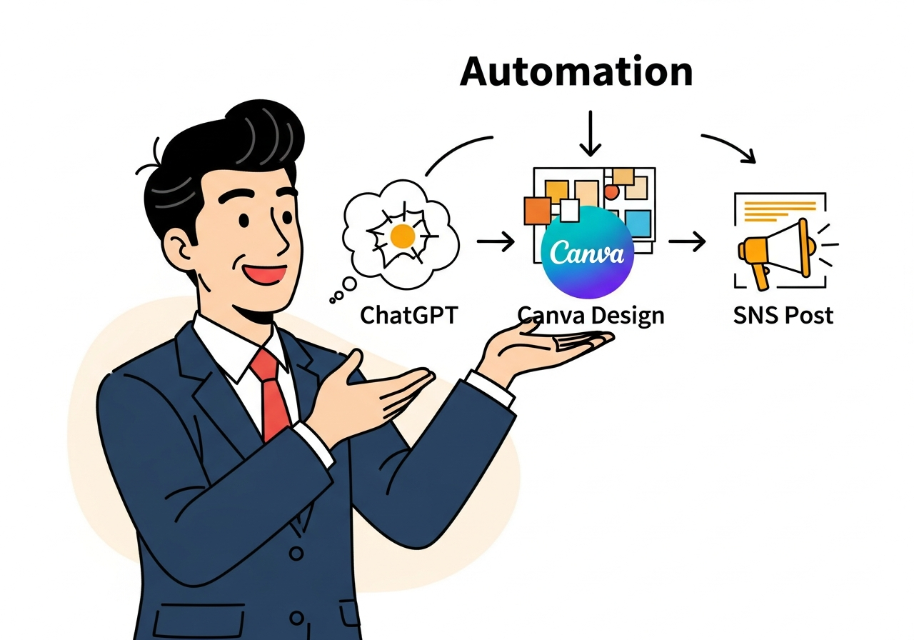 ChatGPT生成テキスト→Canvaデザイン→SNS投稿の自動化フロー図解
