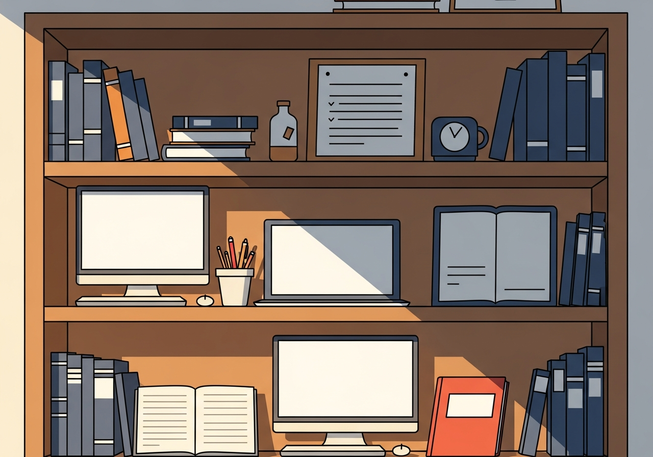 a wooden bookshelf bathed in warm morning light with no text visible