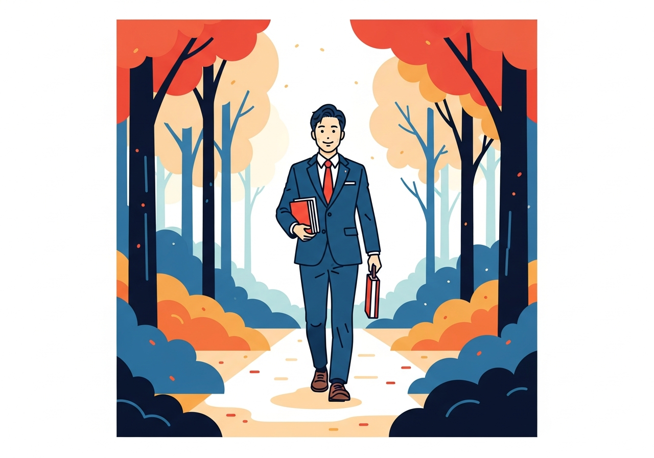 a person walking along a quiet path in a forest morning light no text