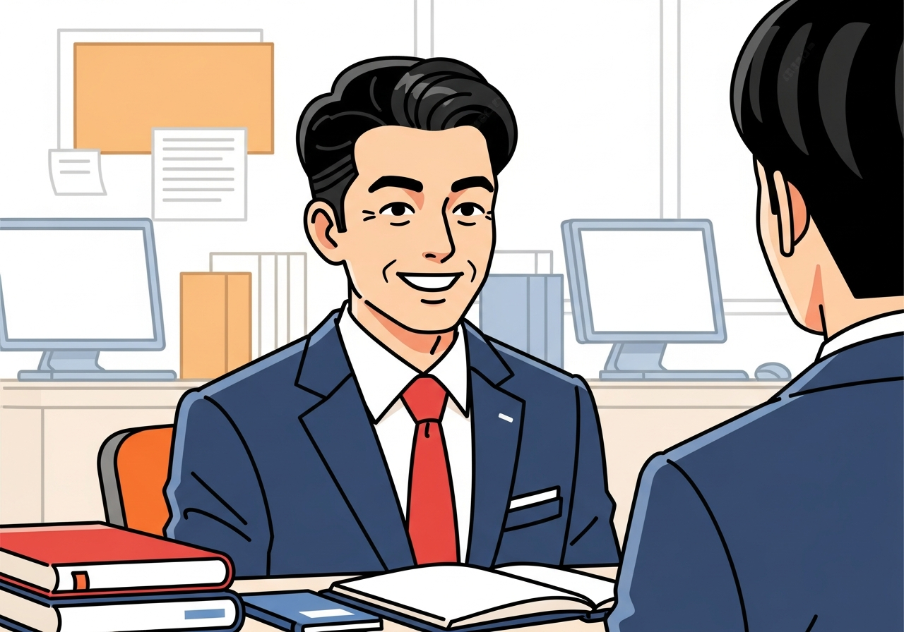 a person smiling warmly at another person in a bright office setting no text