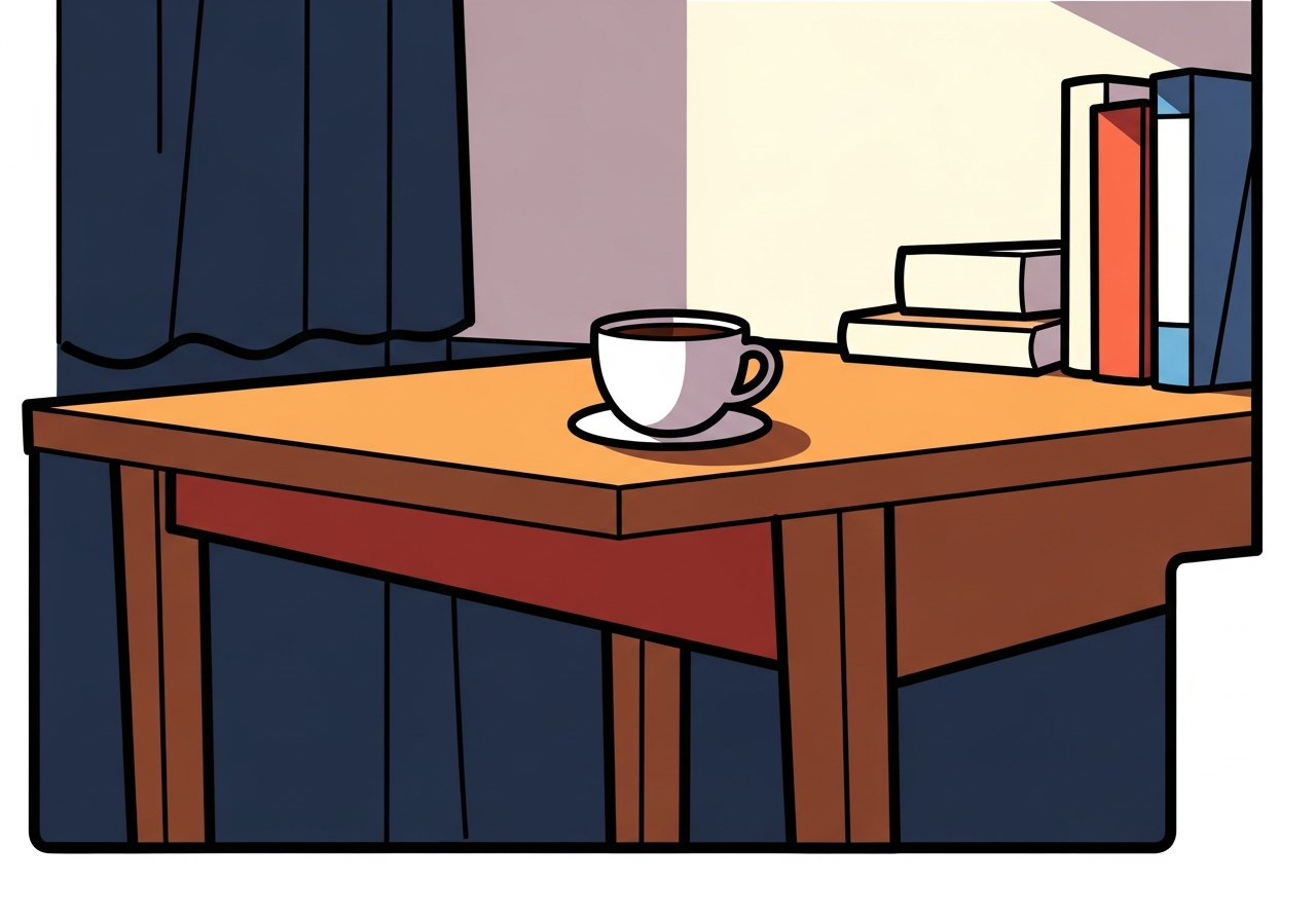a wooden desk in morning light with a coffee cup and no text visible